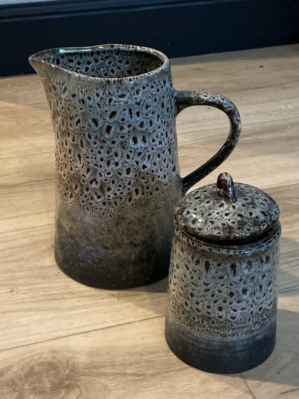 Handcrafted Speckled Ceramic Pitcher and Jar – Gray Blue Finish